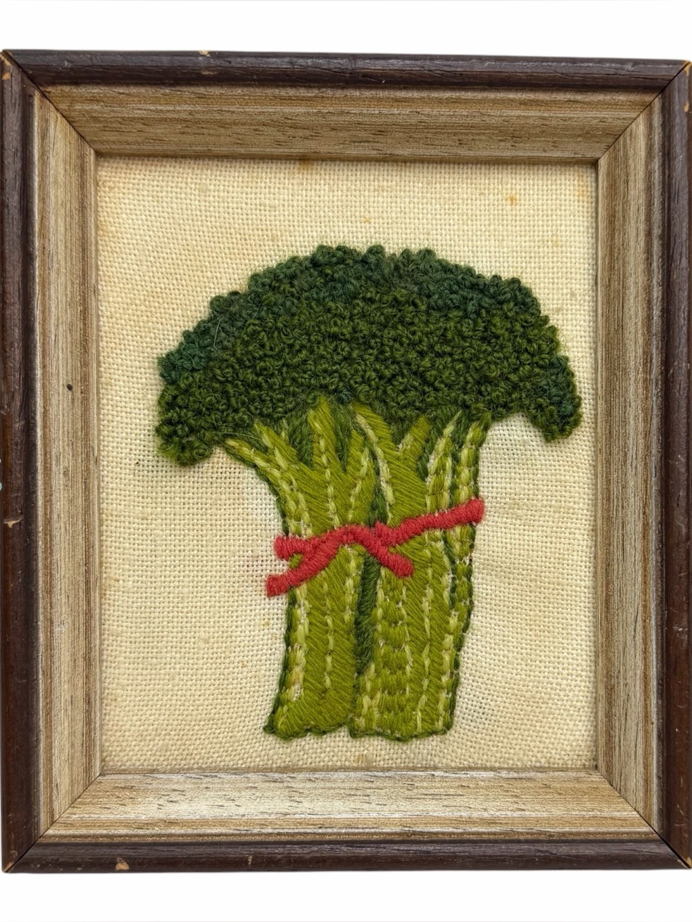 70's MCM Handmade Framed Crewel Embroidered Needlepoint Art Broccoli Whimsical